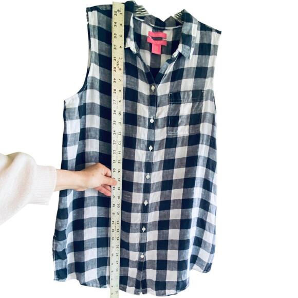 Navy Blue Gingham Checked Linen Button Down Shirt M Sleeveless Isaac Mizrahi - Picture 6 of 11